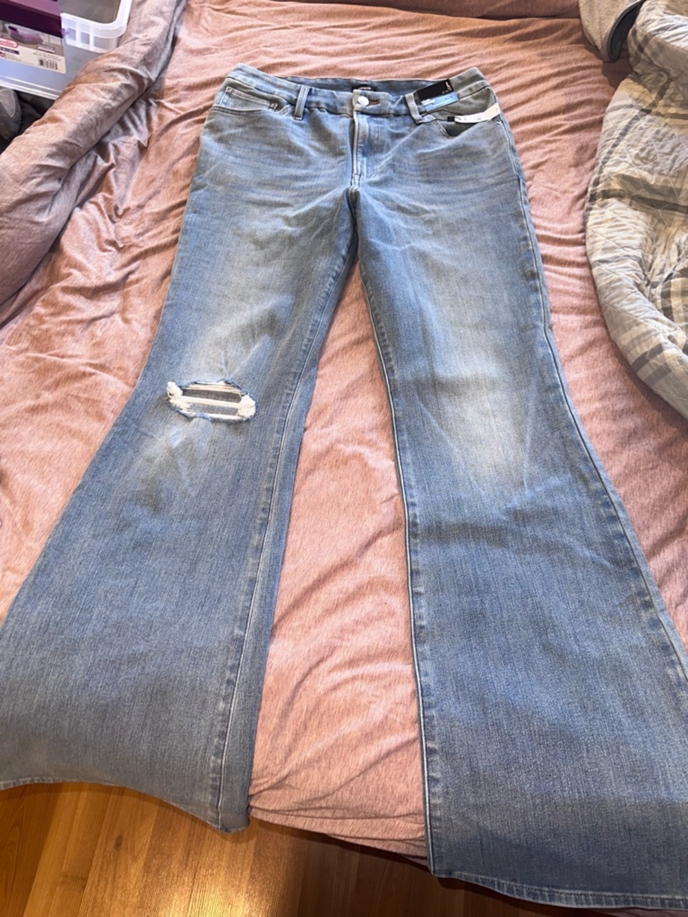 Express Light Blue Flare Jeans with Distressed Knee